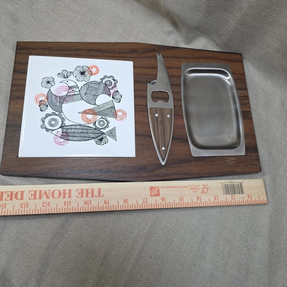 VTG Mid Century Modern Wooden Cheese Board w Knife Birds Floral 60/70s Stainless